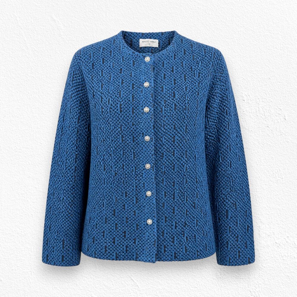 Vintage 90s Alfred Dunner Blue Black Textured Knit Cardigan Sweater Size 14 USA
